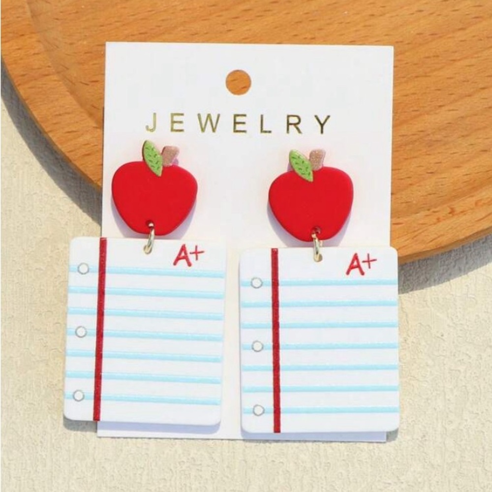 Apple Shaped Book & Notebook Printed Ceramic Texture Acrylic Earrings